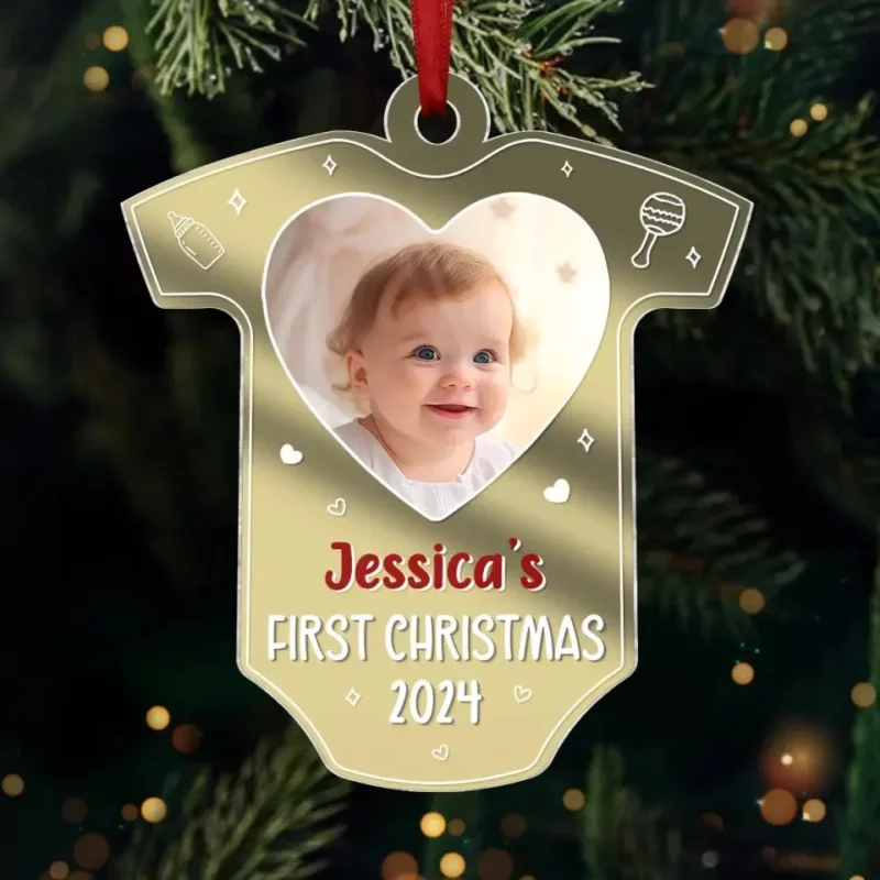 Custom Photo First Christmas - Family Personalized Custom Mirrored Acrylic Ornament - Christmas Gift For Baby Kids, Newborn Baby