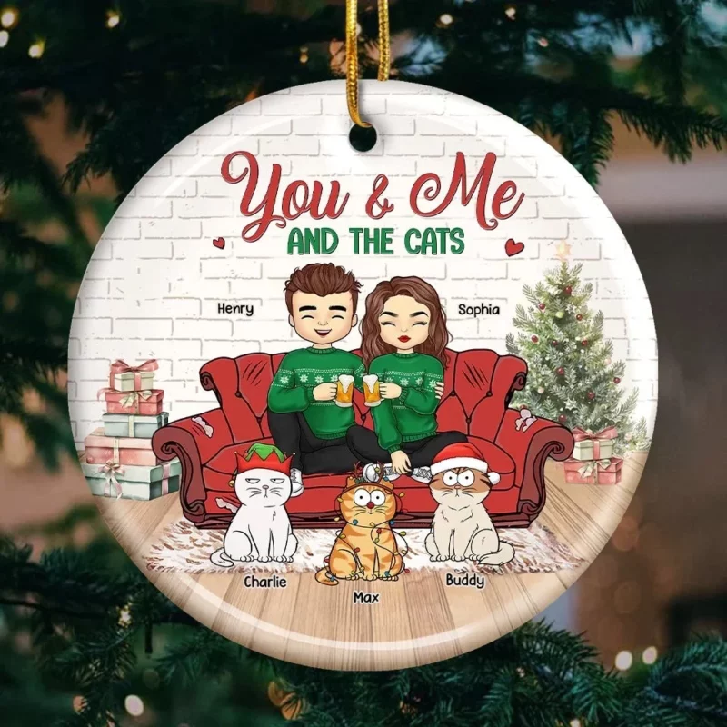 You And Me And The Fur Babies - Dog & Cat Personalized Custom Ornament - Ceramic Round Shaped - Christmas Gift For Husband Wife, Anniversary, Pet Owners, Pet Lovers