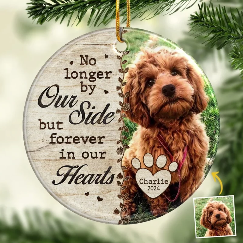 Custom Photo No Longer By Our Side - Memorial Personalized Custom Ornament - Ceramic Round Shaped - Christmas Gift, Sympathy Gift For Pet Owners, Pet Lovers