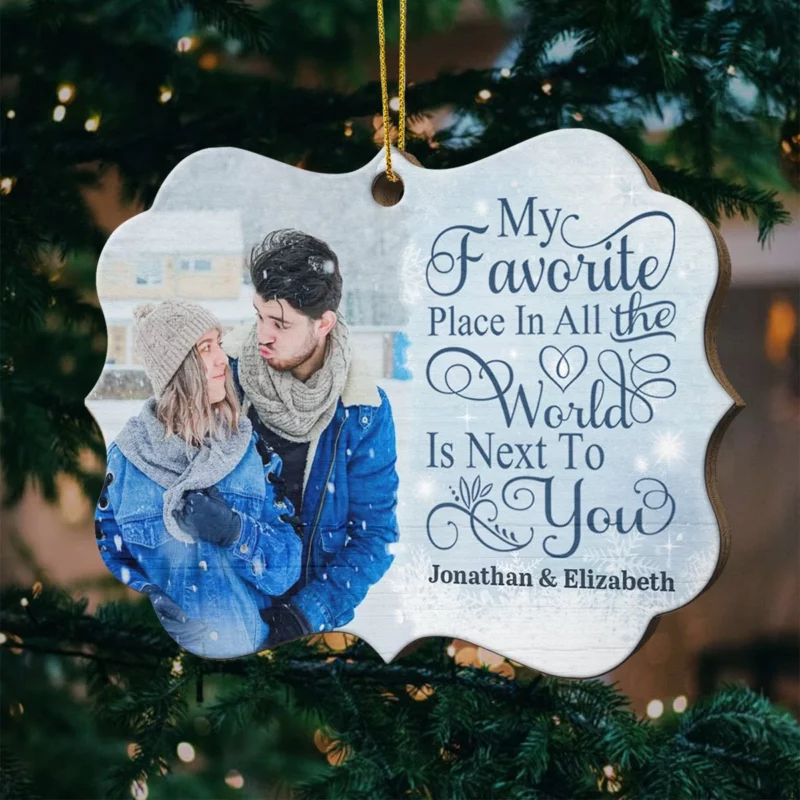 My Favorite Place Is Next To You - Upload Image, Gift For Couples, Husband Wife - Personalized Custom Benelux Shaped Wood Christmas Ornament