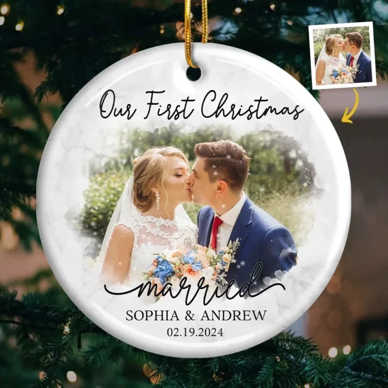 Custom Photo Our First Year Together - Couple Personalized Custom Ornament - Ceramic Round Shaped - Christmas Gift For Husband Wife, Anniversary, First Christmas