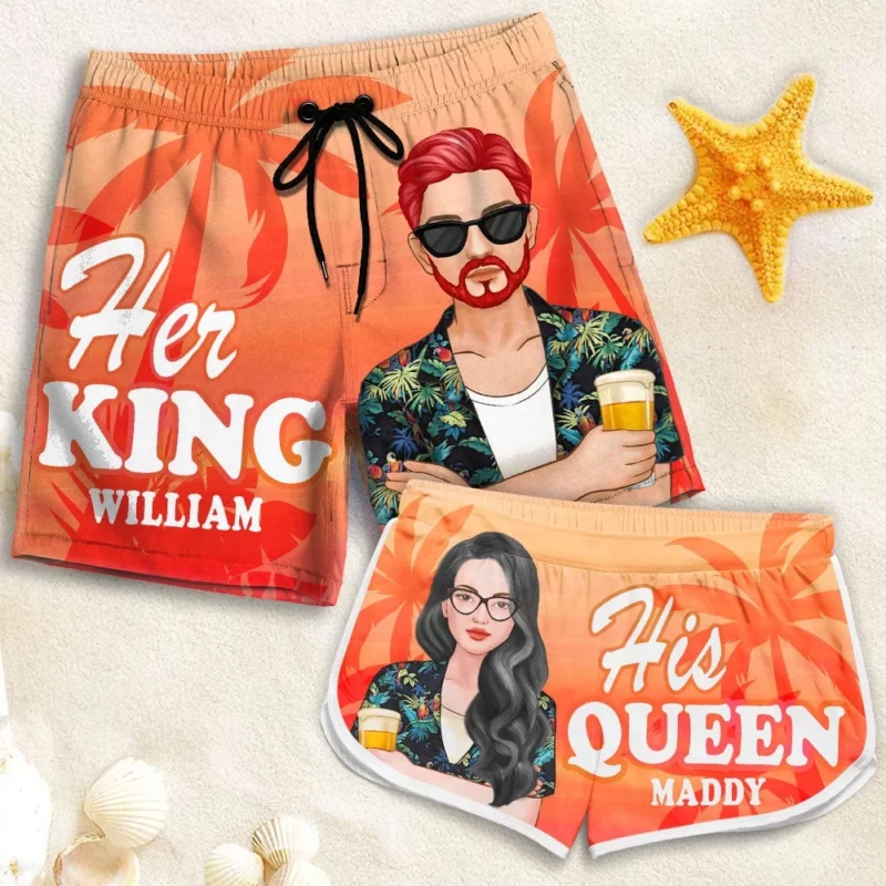 Her King His Queen - Personalized Couple Beach Shorts - Gift For Couples, Husband Wife