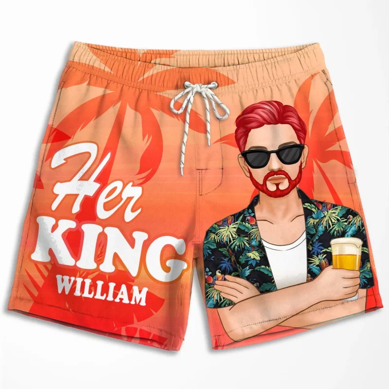 Her King His Queen - Personalized Couple Beach Shorts - Gift For Couples, Husband Wife - Image 2