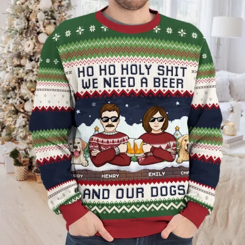 We Need A Beer And Our Cats - Dog & Cat Personalized Custom Ugly Sweatshirt - Unisex Wool Jumper - Christmas Gift For Husband Wife, Pet Owners, Pet Lovers - Image 3