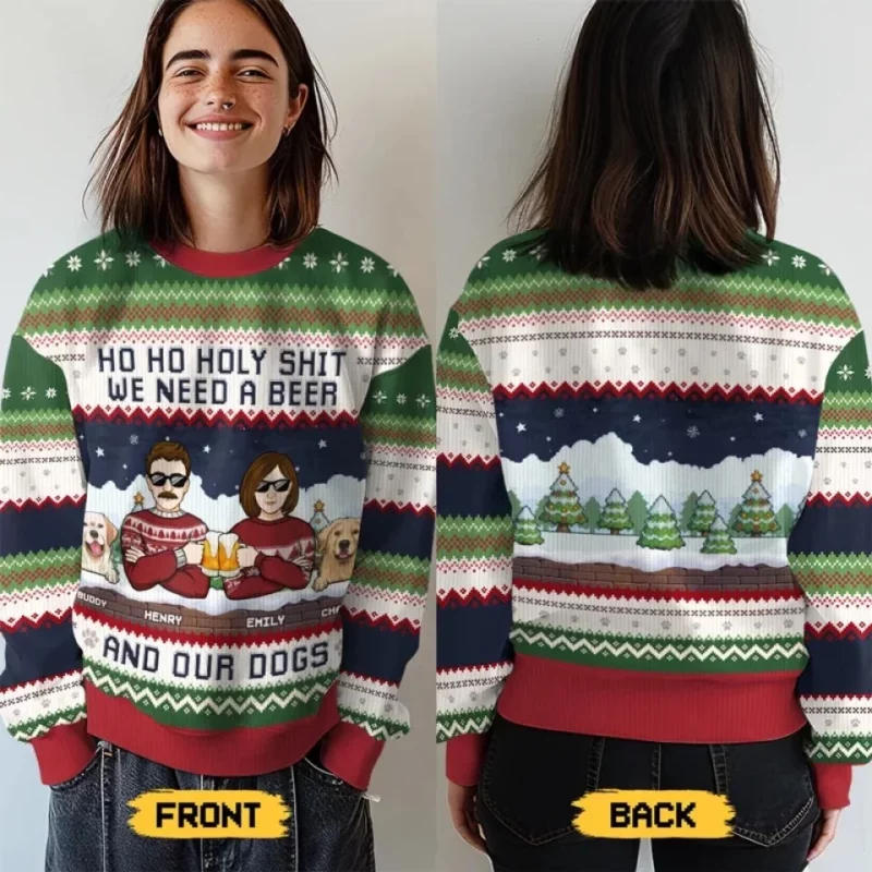 We Need A Beer And Our Cats - Dog & Cat Personalized Custom Ugly Sweatshirt - Unisex Wool Jumper - Christmas Gift For Husband Wife, Pet Owners, Pet Lovers - Image 4