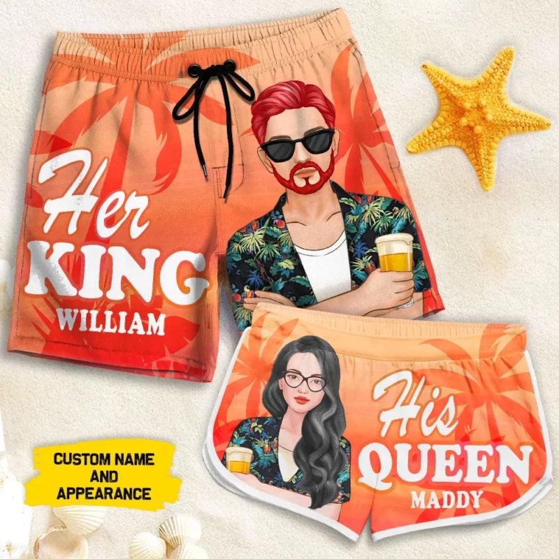 Her King His Queen - Personalized Couple Beach Shorts - Gift For Couples, Husband Wife - Image 4