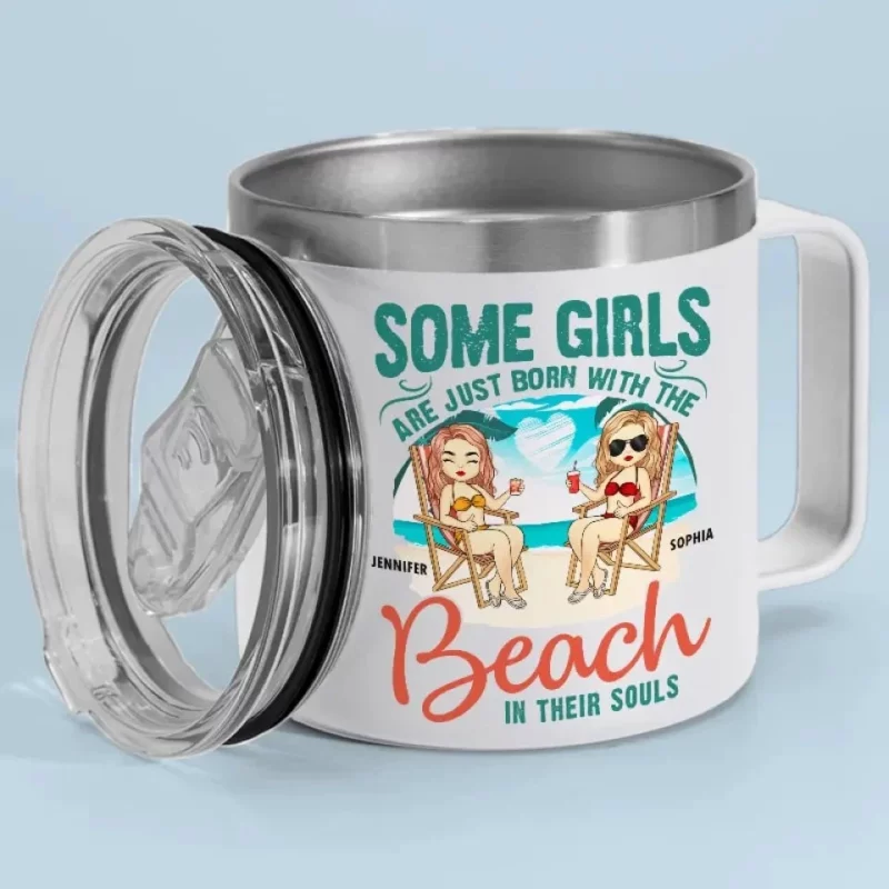 Some Girls Are Just Born With The Beach - Bestie Personalized Custom 14oz Stainless Steel Tumbler With Handle - Gift For Best Friends, BFF, Sisters - Image 2