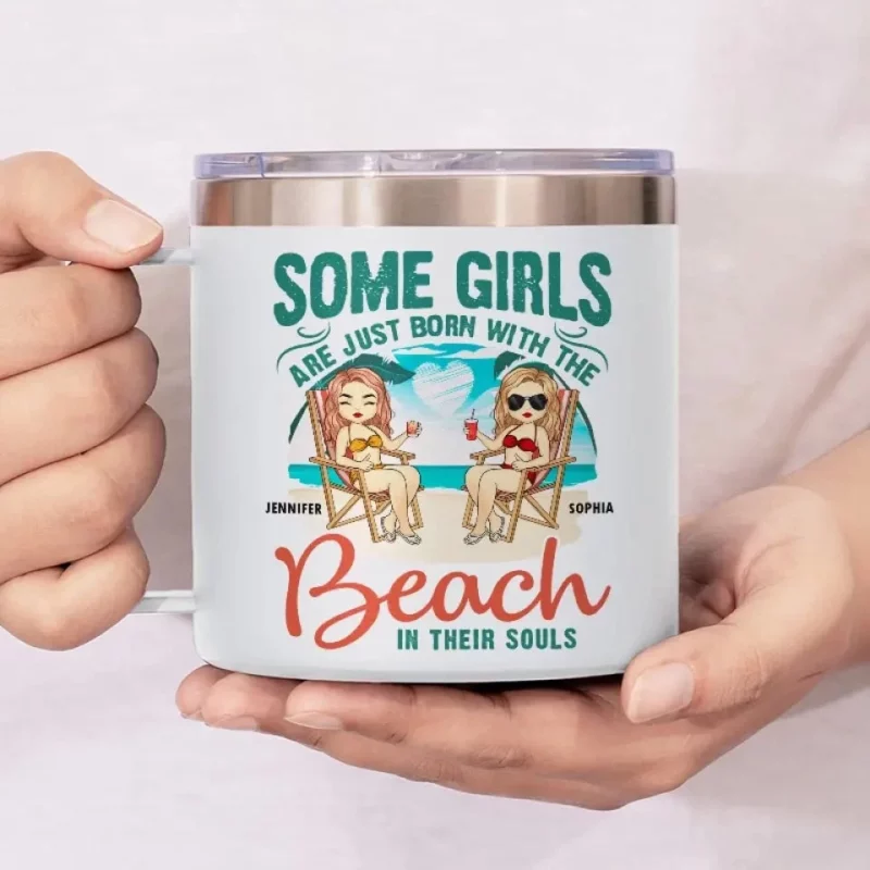 Some Girls Are Just Born With The Beach - Bestie Personalized Custom 14oz Stainless Steel Tumbler With Handle - Gift For Best Friends, BFF, Sisters - Image 3