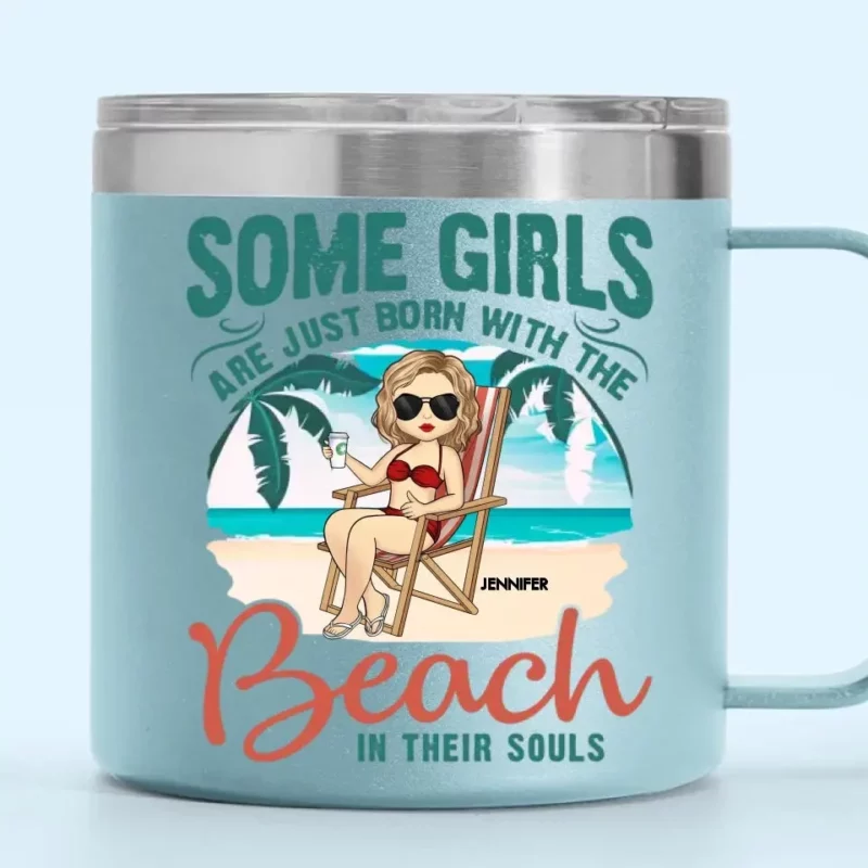 Some Girls Are Just Born With The Beach - Bestie Personalized Custom 14oz Stainless Steel Tumbler With Handle - Gift For Best Friends, BFF, Sisters - Image 6