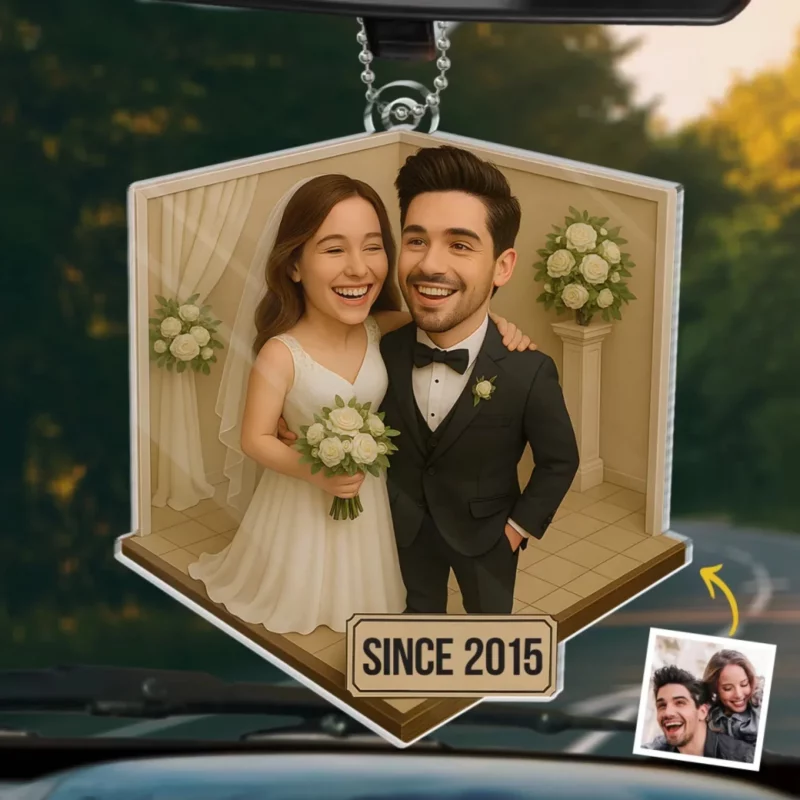 Custom Photo Love Never Gets Old - Personalized Couple Custom Car Ornament – Acrylic Shaped Design - Anniversary Gift For Husband and Wife, Couple