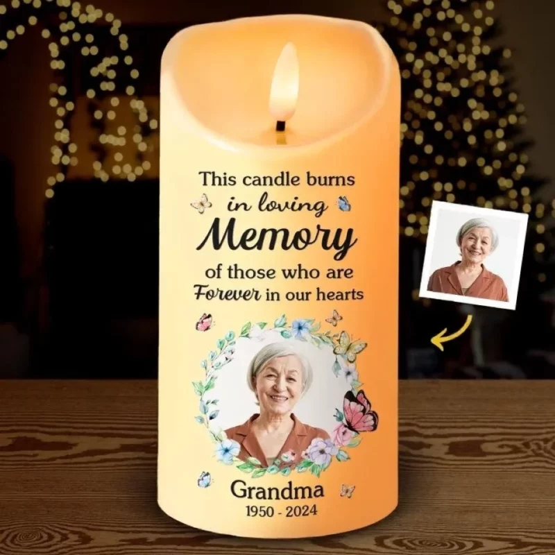 Custom Photo In Loving Memory, This Flame Shines On - Light a Memory with a Custom LED Candle - A Special Christmas Gift of Comfort for Family