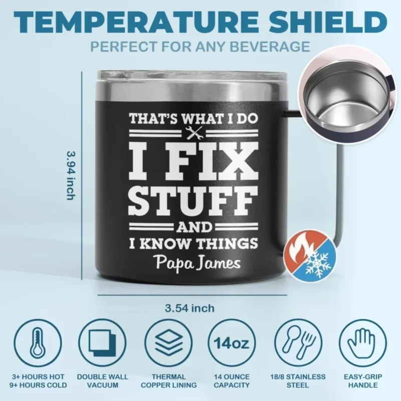 Built to Fix, Not to Fuss - Custom Personalized 14oz Stainless Steel Tumbler with Handle for Family - Honoring Dad and Grandpa This Father’s Day - Image 5