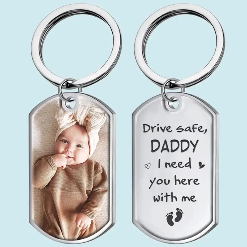 Custom Photo Daddy, Stay Safe for Us - Family Personalized Custom Keychain - Gift For Dad, Grandpa,   Father's Day