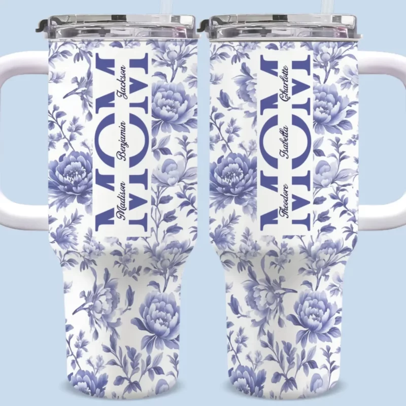 Her Name, Etched in Petals and Heart - Family Name Customized 40Oz Insulated Tumbler with Handle - Mother's Day, Gift For Mom, Daughter