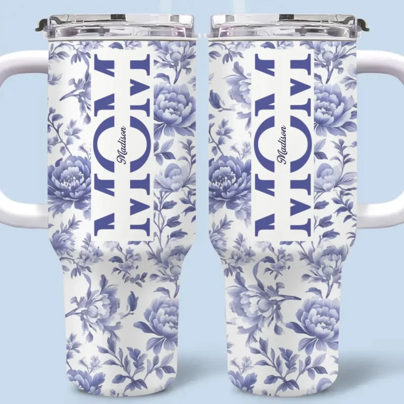 Her Name, Etched in Petals and Heart - Family Name Customized 40Oz Insulated Tumbler with Handle - Mother's Day, Gift For Mom, Daughter - Image 2
