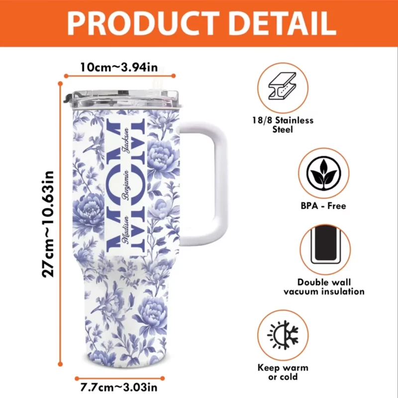 Her Name, Etched in Petals and Heart - Family Name Customized 40Oz Insulated Tumbler with Handle - Mother's Day, Gift For Mom, Daughter - Image 4