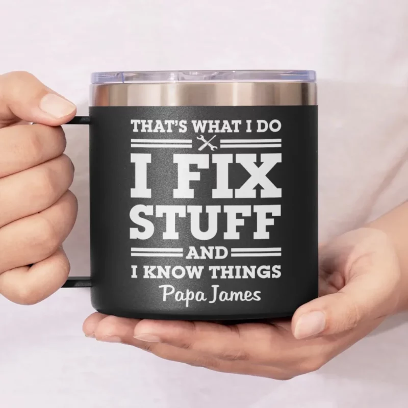 Built to Fix, Not to Fuss - Custom Personalized 14oz Stainless Steel Tumbler with Handle for Family - Honoring Dad and Grandpa This Father’s Day - Image 4