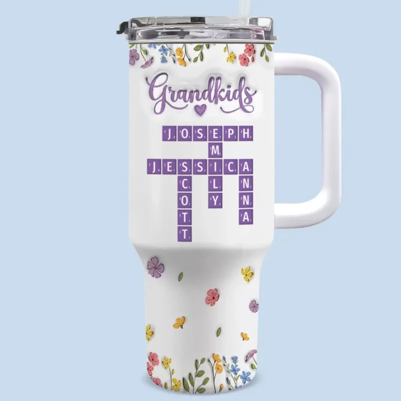 Crosswords of the Heart - Family Name Customized 40Oz Insulated Tumbler with Handle - Mother's Day, Gift For Mom, Daughter
