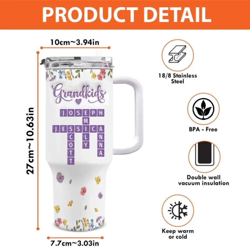 Crosswords of the Heart - Family Name Customized 40Oz Insulated Tumbler with Handle - Mother's Day, Gift For Mom, Daughter - Image 4